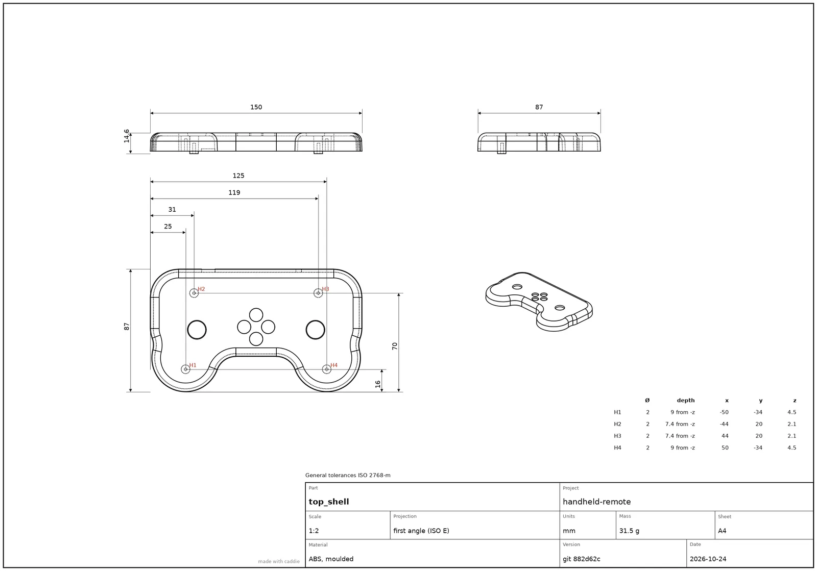 Drawing of the remote's top shell, with dimensions and tolerances.